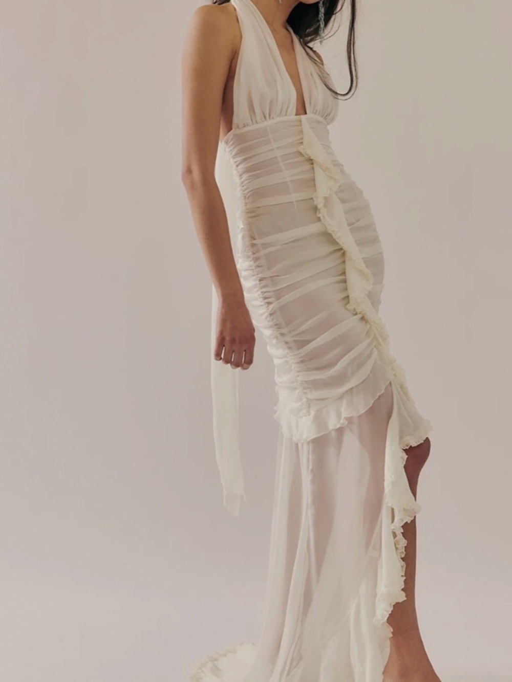 For Love & Lemons Ivory Ruched Satin Mini Dress Puff Sleeve S